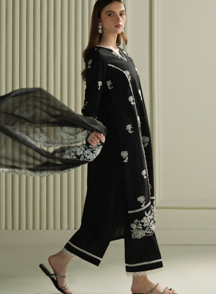 CROSS STITCH - 3PC Black LAWN EMBROIDERED SHIRT WITH ORGANZA EMBROIDRERD DUPATTA & TROUSER
