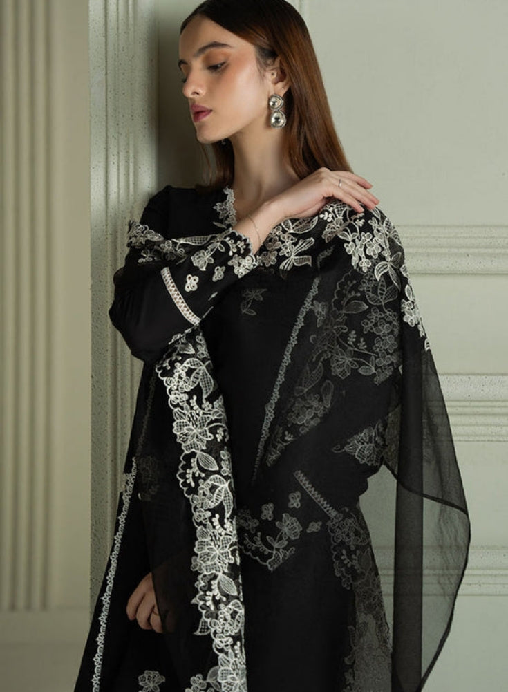 CROSS STITCH - 3PC Black LAWN EMBROIDERED SHIRT WITH ORGANZA EMBROIDRERD DUPATTA & TROUSER