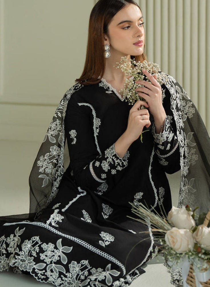 CROSS STITCH - 3PC Black LAWN EMBROIDERED SHIRT WITH ORGANZA EMBROIDRERD DUPATTA & TROUSER