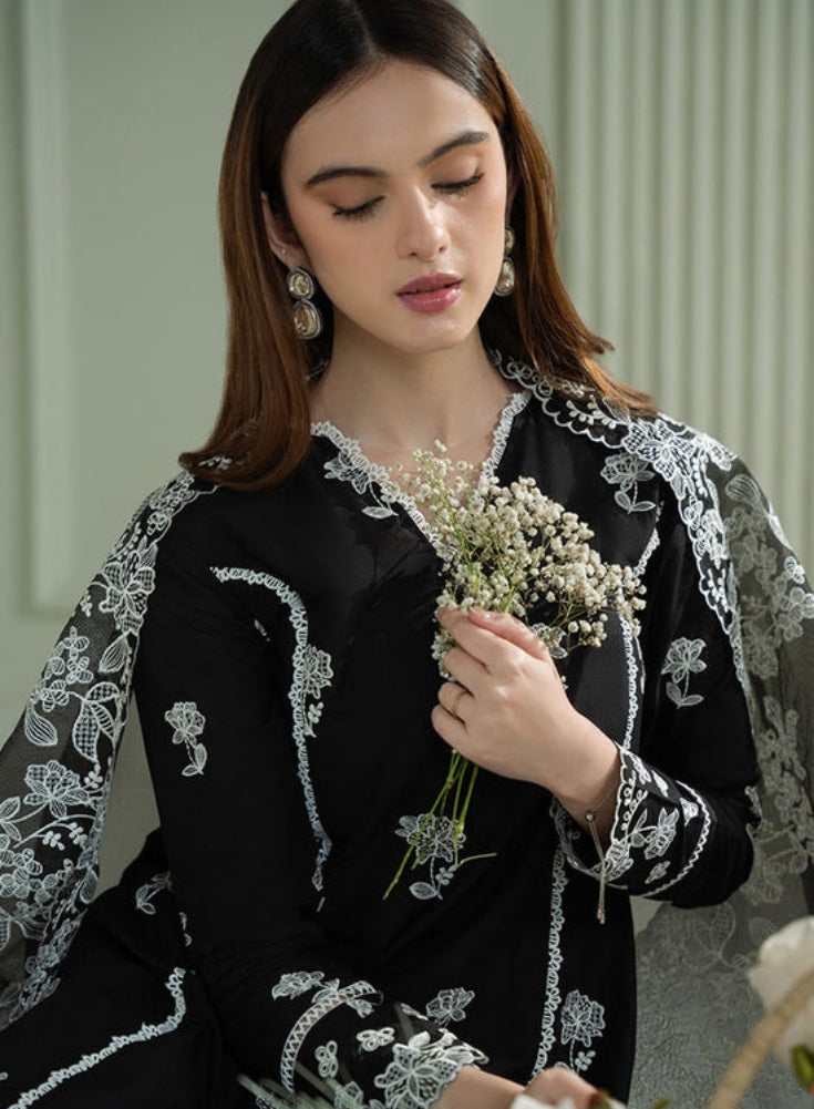 CROSS STITCH - 3PC Black LAWN EMBROIDERED SHIRT WITH ORGANZA EMBROIDRERD DUPATTA & TROUSER