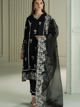CROSS STITCH - 3PC Black LAWN EMBROIDERED SHIRT WITH ORGANZA EMBROIDRERD DUPATTA & TROUSER