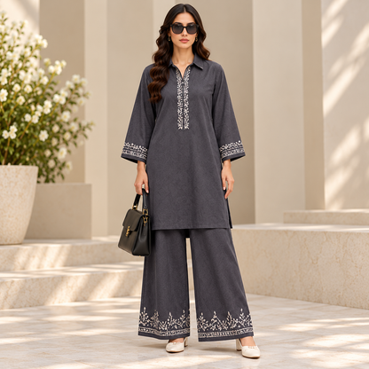 Charcoal Embroidered Co Ord Set for Women | SoftStitch