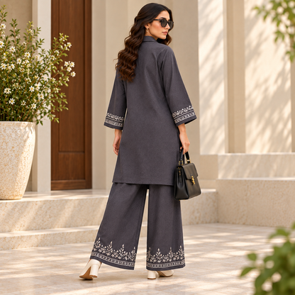 Charcoal Embroidered Co Ord Set for Women | SoftStitch