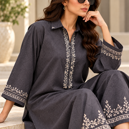 Charcoal Embroidered Co Ord Set for Women | SoftStitch