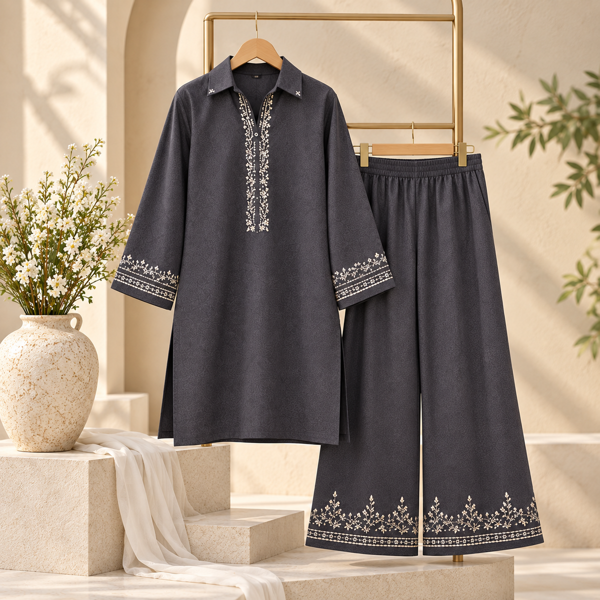 Charcoal Embroidered Co Ord Set for Women | SoftStitch