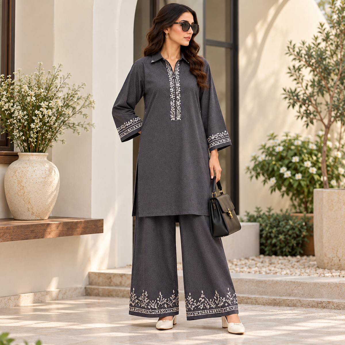 Charcoal Embroidered Co Ord Set for Women | SoftStitch