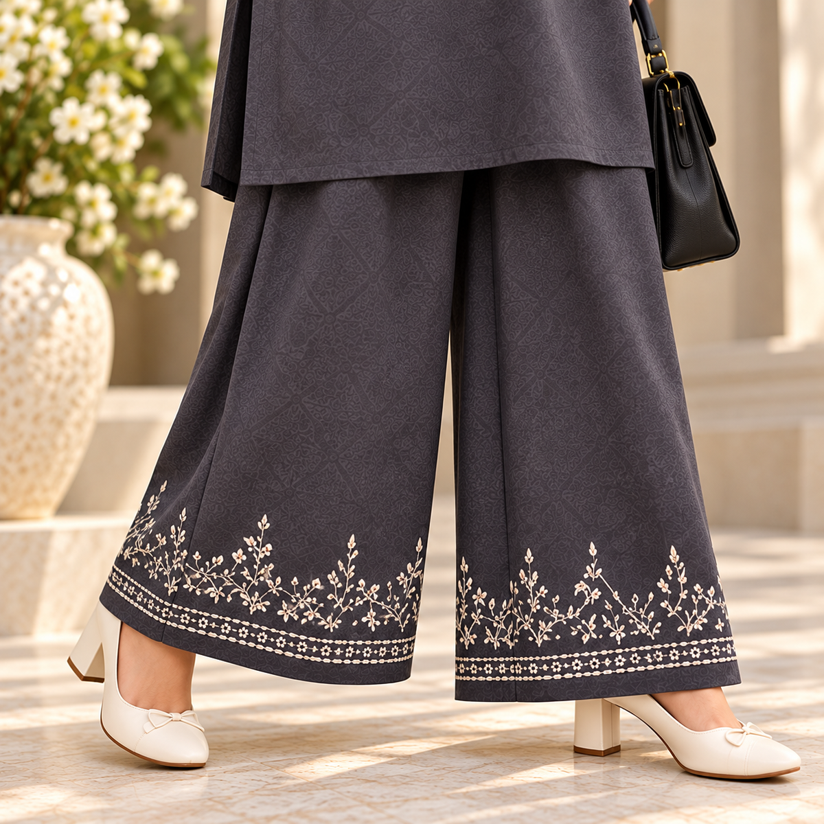 Charcoal Embroidered Co Ord Set for Women | SoftStitch
