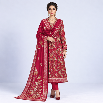 Crimson Red Viscose Jacquard 3-Piece Unstitched Suit
