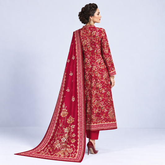 Crimson Red Viscose Jacquard 3-Piece Unstitched Suit