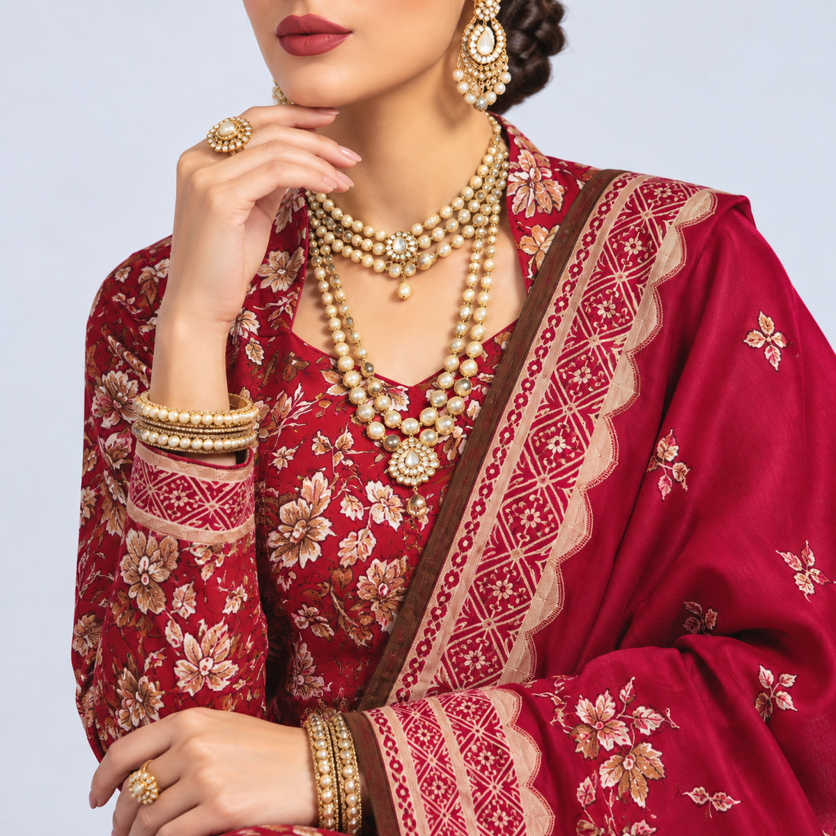Crimson Red Viscose Jacquard 3-Piece Unstitched Suit