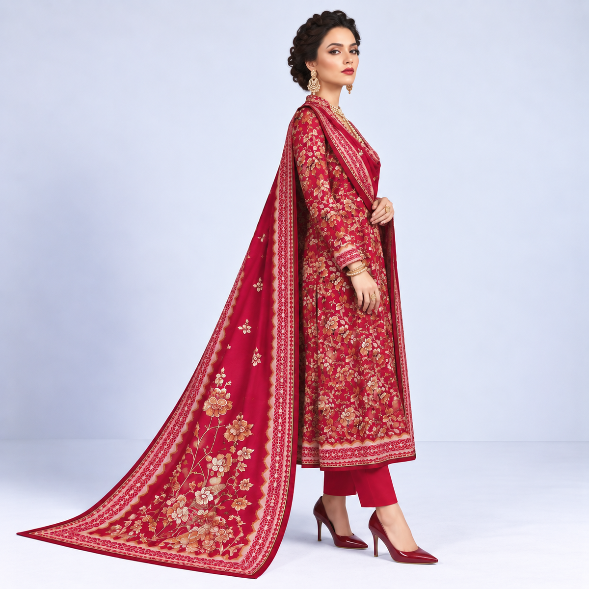 Crimson Red Viscose Jacquard 3-Piece Unstitched Suit
