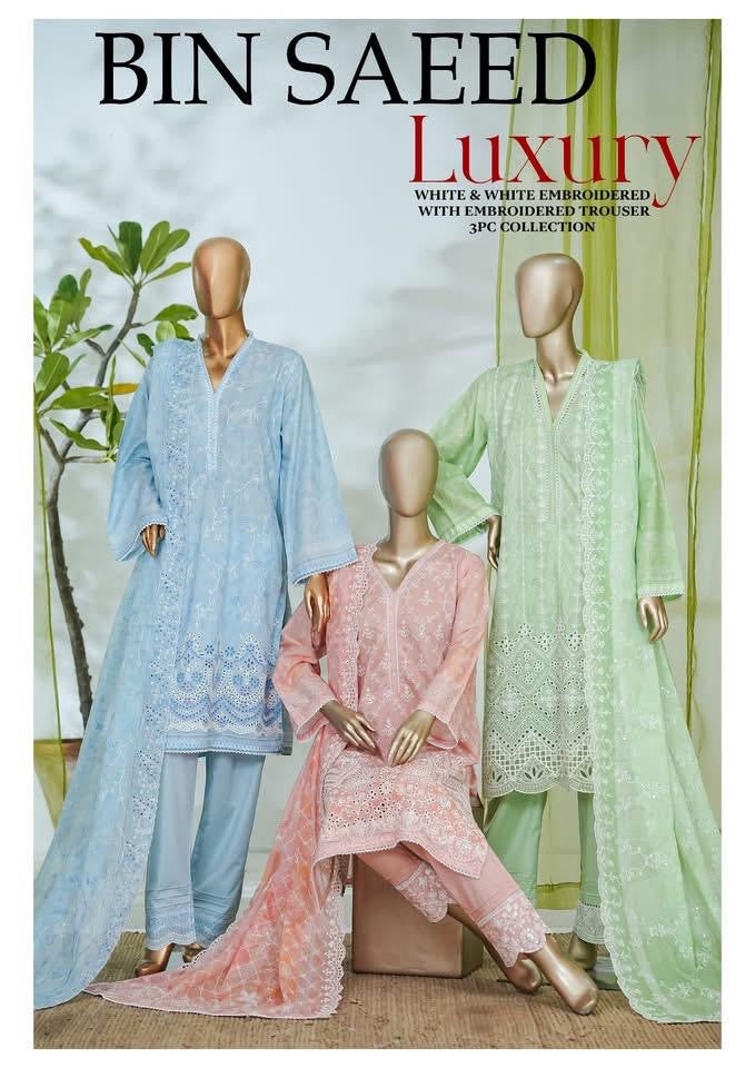 3 PIECE BIN SAEED LUXURY WHITE EMBROIDERED WITH EMROIDERED TROUSER 3-PIECE STITCHED LAWN COLLECTION 2026 Ready to wear