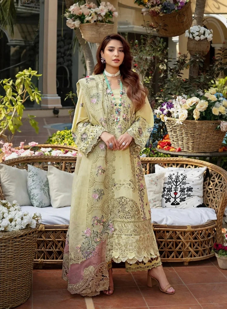 ELAF - 3PC  Yellow LAWN CHIKANKARI EMBROIDERED SHIRT WITH KHAADI NET EMB DUPATTA AND EMB TROUSER