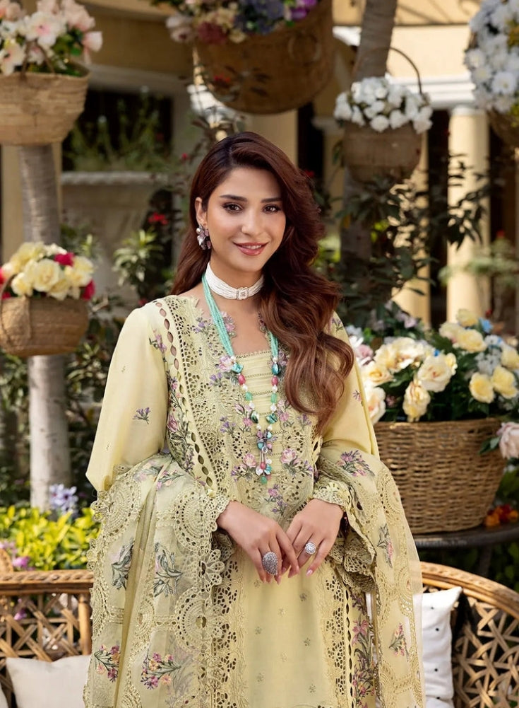 ELAF - 3PC  Yellow LAWN CHIKANKARI EMBROIDERED SHIRT WITH KHAADI NET EMB DUPATTA AND EMB TROUSER