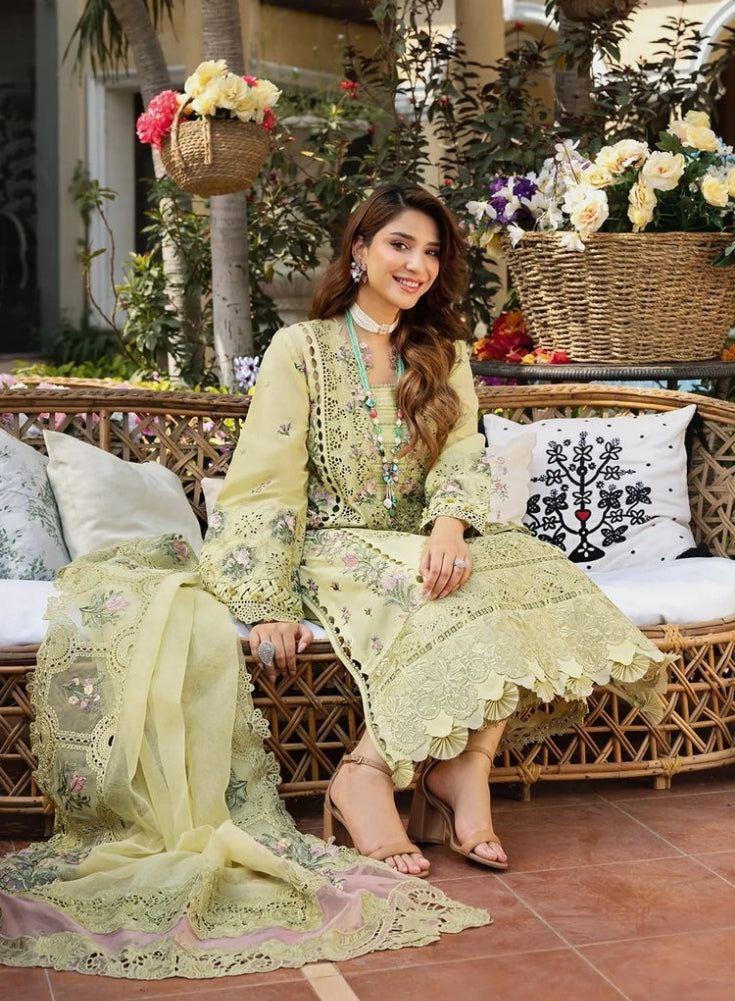 ELAF - 3PC  Yellow LAWN CHIKANKARI EMBROIDERED SHIRT WITH KHAADI NET EMB DUPATTA AND EMB TROUSER