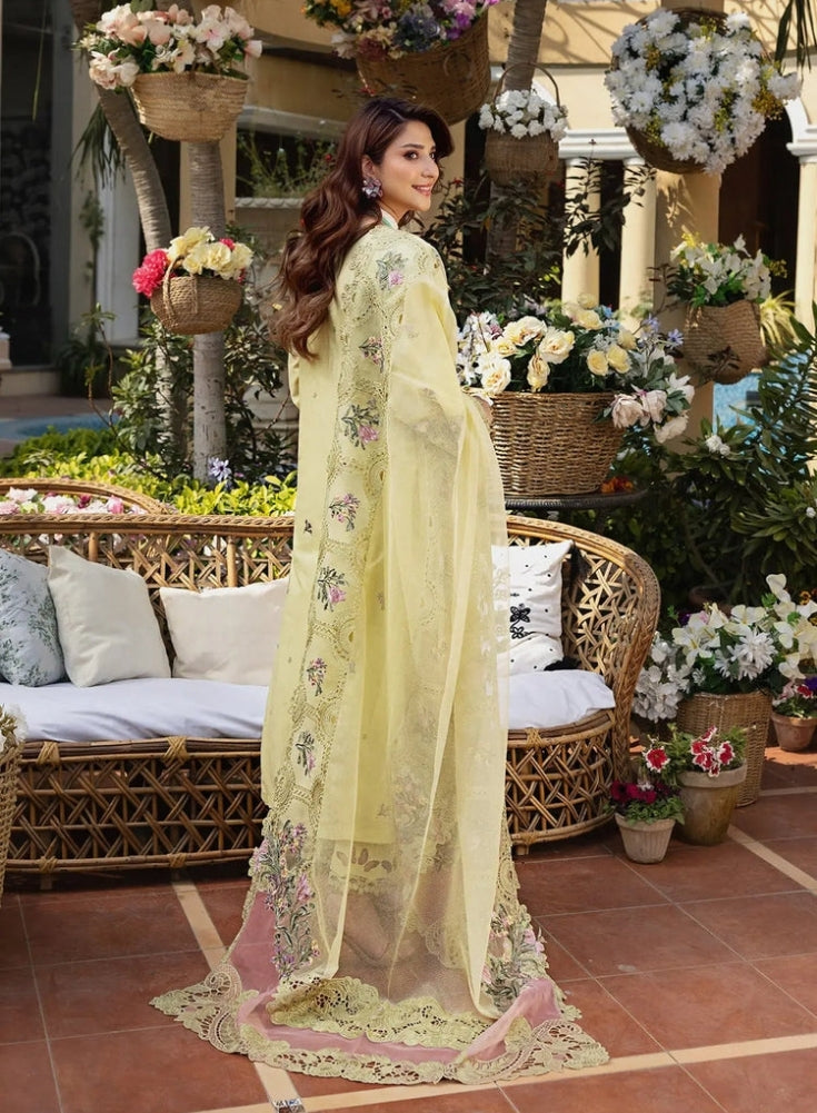 ELAF - 3PC  Yellow LAWN CHIKANKARI EMBROIDERED SHIRT WITH KHAADI NET EMB DUPATTA AND EMB TROUSER