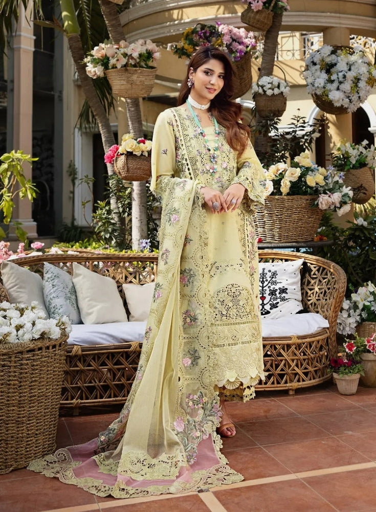 ELAF - 3PC  Yellow LAWN CHIKANKARI EMBROIDERED SHIRT WITH KHAADI NET EMB DUPATTA AND EMB TROUSER