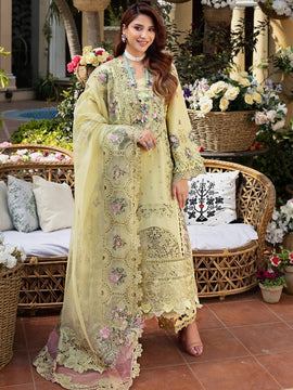 ELAF - 3PC  Yellow LAWN CHIKANKARI EMBROIDERED SHIRT WITH KHAADI NET EMB DUPATTA AND EMB TROUSER