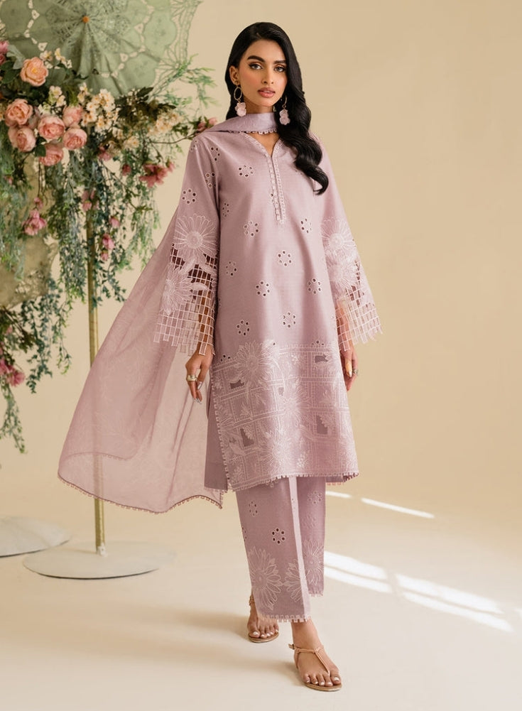 IZNIK - 3PC Light Purple & Lavender LAWN EMBROIDERED SHIRT WITH KHAADI NET DUPATTA & TROUSER