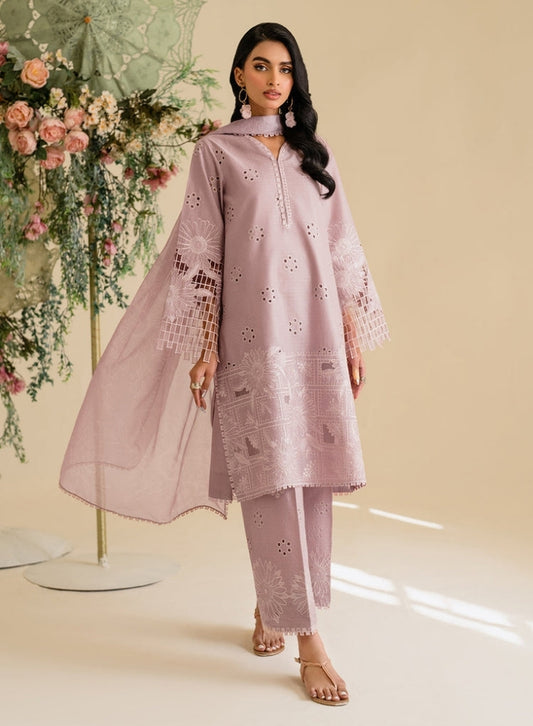 IZNIK - 3PC Light Purple & Lavender LAWN EMBROIDERED SHIRT WITH KHAADI NET DUPATTA & TROUSER
