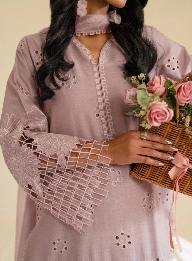 IZNIK - 3PC Light Purple & Lavender LAWN EMBROIDERED SHIRT WITH KHAADI NET DUPATTA & TROUSER