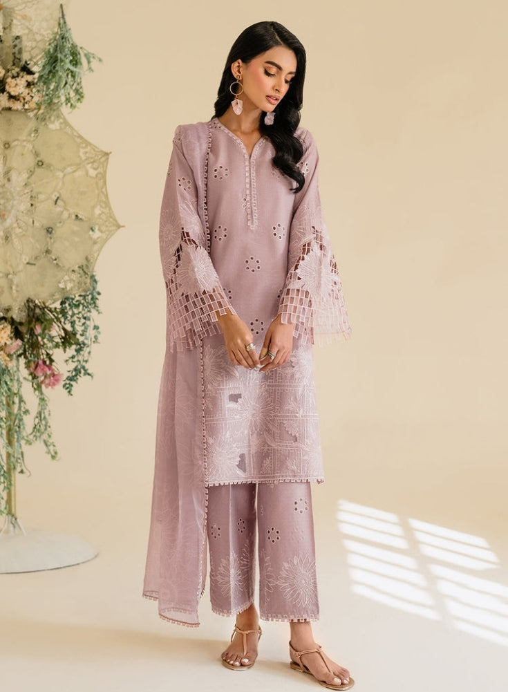 IZNIK - 3PC Light Purple & Lavender LAWN EMBROIDERED SHIRT WITH KHAADI NET DUPATTA & TROUSER