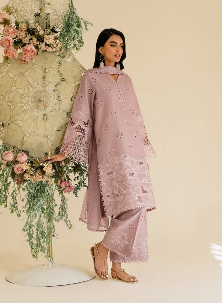 IZNIK - 3PC Light Purple & Lavender LAWN EMBROIDERED SHIRT WITH KHAADI NET DUPATTA & TROUSER