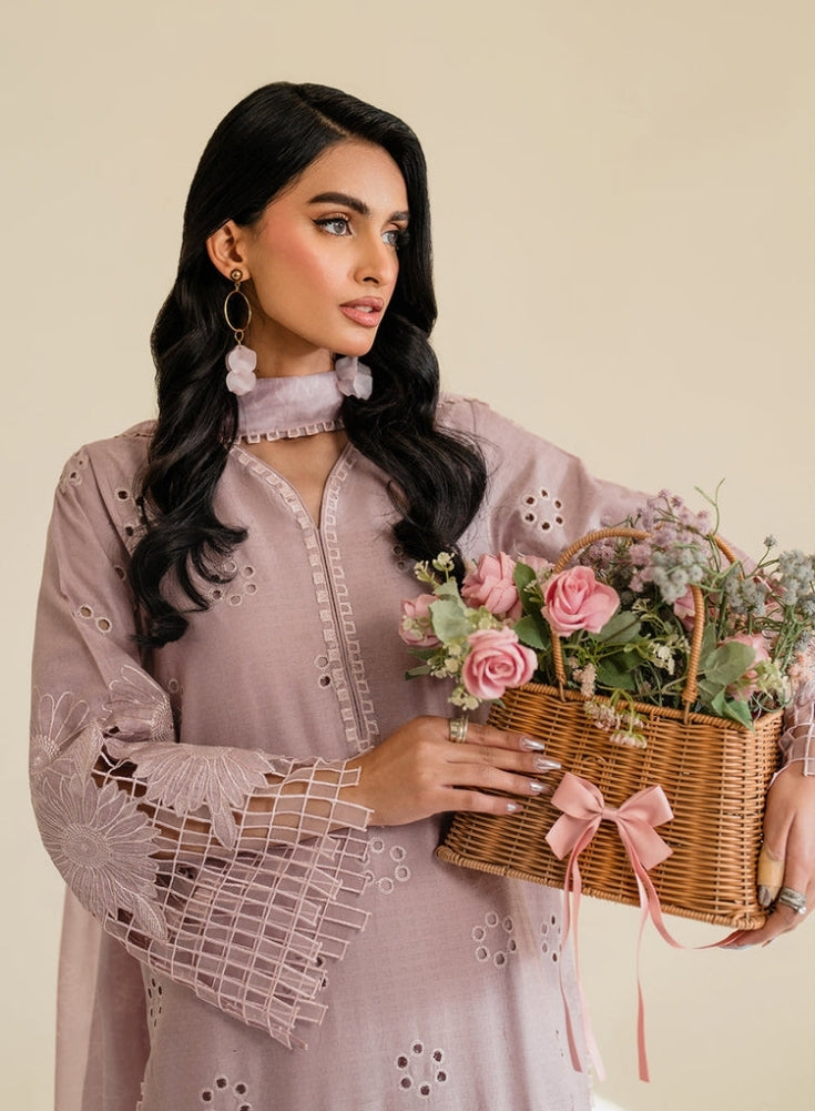 IZNIK - 3PC Light Purple & Lavender LAWN EMBROIDERED SHIRT WITH KHAADI NET DUPATTA & TROUSER