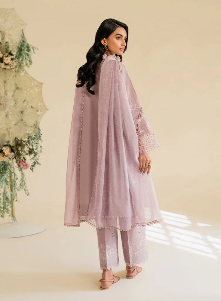 IZNIK - 3PC Light Purple & Lavender LAWN EMBROIDERED SHIRT WITH KHAADI NET DUPATTA & TROUSER