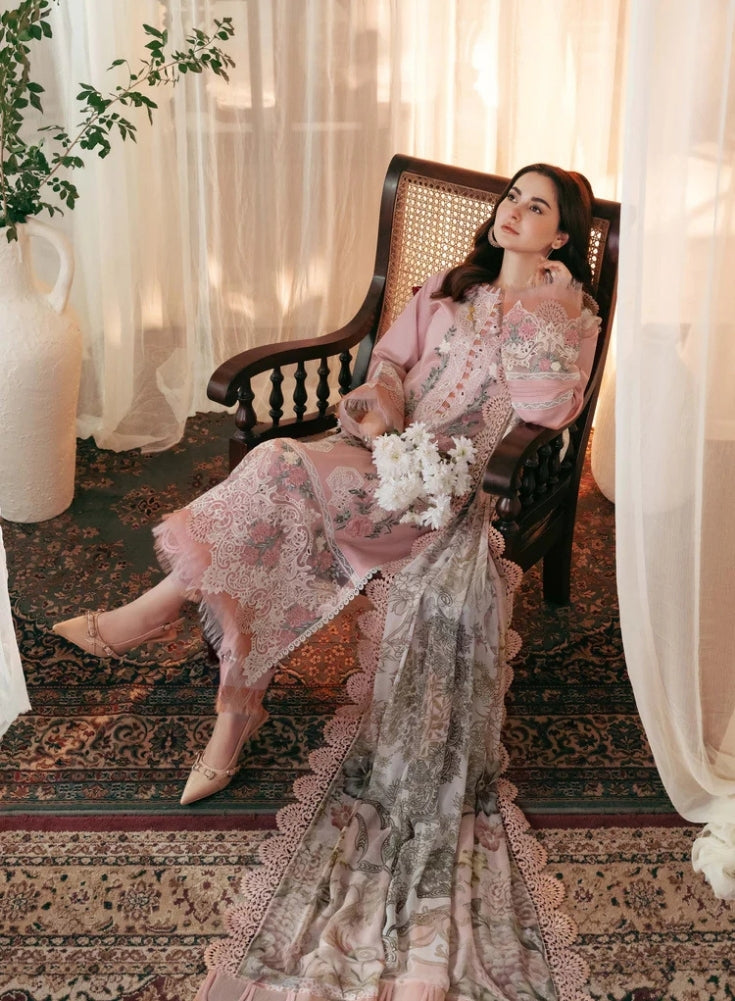 JADE - 3PC Light Pink LAWN EMBROIDERED SHIRT WITH CHIFFON PRINTED DUPATTA AND TROUSER