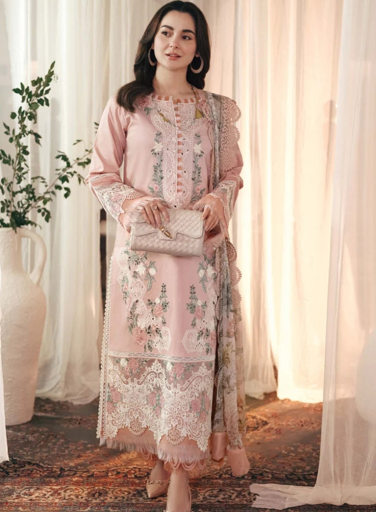 JADE - 3PC Light Pink LAWN EMBROIDERED SHIRT WITH CHIFFON PRINTED DUPATTA AND TROUSER