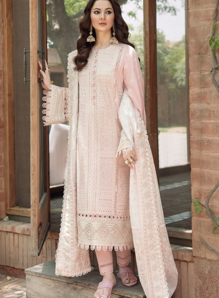 JAZMIN - 3PC Light Pink LAWN CHIKANKARI EMBROIDERED SHIRT WITH KHADDI NET EMB DUPATTA AND TROUSER