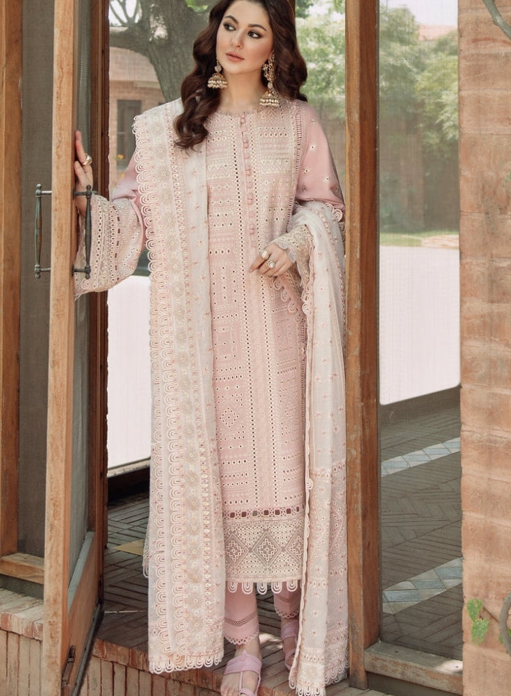 JAZMIN - 3PC Light Pink LAWN CHIKANKARI EMBROIDERED SHIRT WITH KHADDI NET EMB DUPATTA AND TROUSER