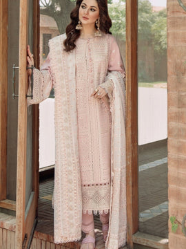JAZMIN - 3PC Light Pink LAWN CHIKANKARI EMBROIDERED SHIRT WITH KHADDI NET EMB DUPATTA AND TROUSER
