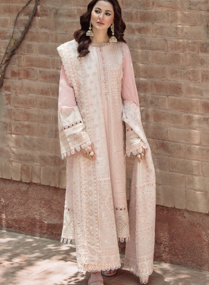 JAZMIN - 3PC Light Pink LAWN CHIKANKARI EMBROIDERED SHIRT WITH KHADDI NET EMB DUPATTA AND TROUSER