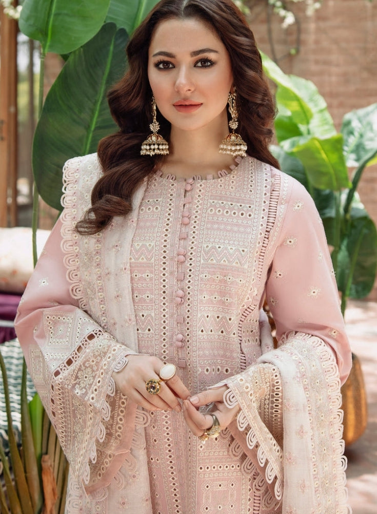 JAZMIN - 3PC Light Pink LAWN CHIKANKARI EMBROIDERED SHIRT WITH KHADDI NET EMB DUPATTA AND TROUSER