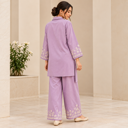 Lavender Grace – Lavender Embroidered 2-Piece Co-Ord Set for Women