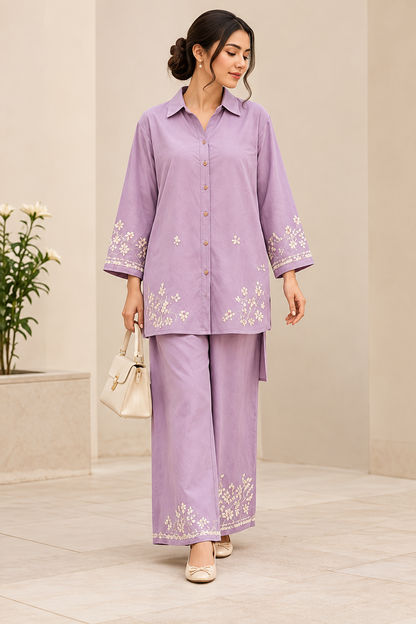 Lavender Grace – Lavender Embroidered 2-Piece Co-Ord Set for Women