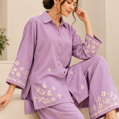 Lavender Grace – Lavender Embroidered 2-Piece Co-Ord Set for Women