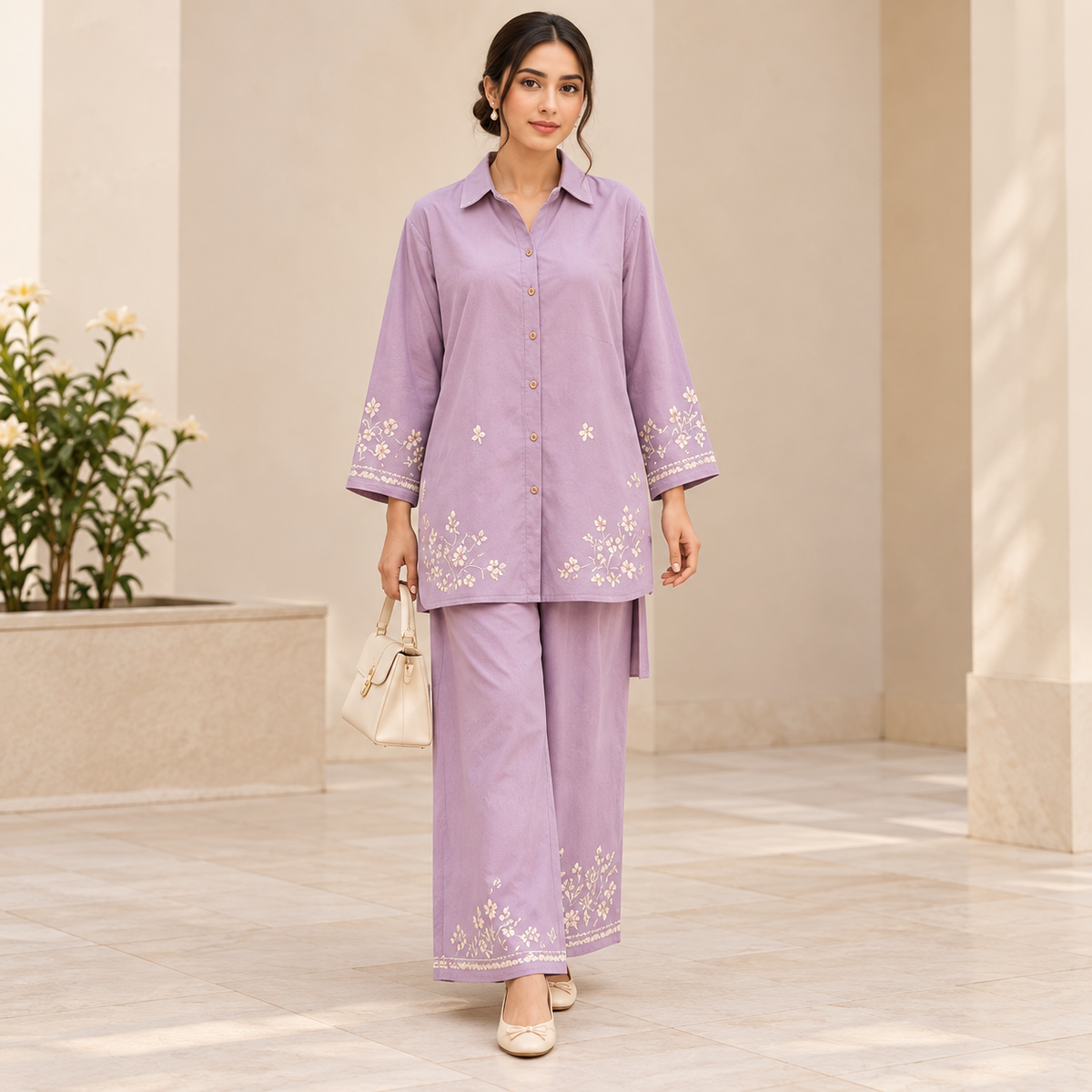 Lavender Grace – Lavender Embroidered 2-Piece Co-Ord Set for Women