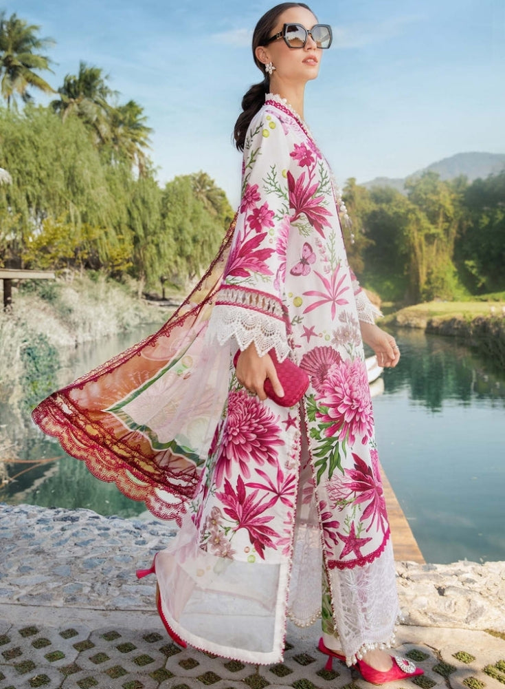 MARIA.B-3PC White and Pink LAWN EMBROIDERED PRINTED SHIRT WITH CHIFFON PRINT DUPATTA AND PRINT TROUSER