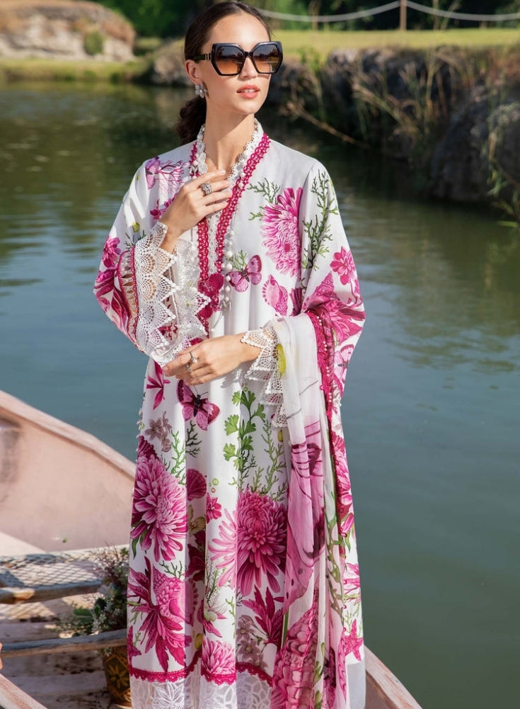 MARIA.B-3PC White and Pink LAWN EMBROIDERED PRINTED SHIRT WITH CHIFFON PRINT DUPATTA AND PRINT TROUSER