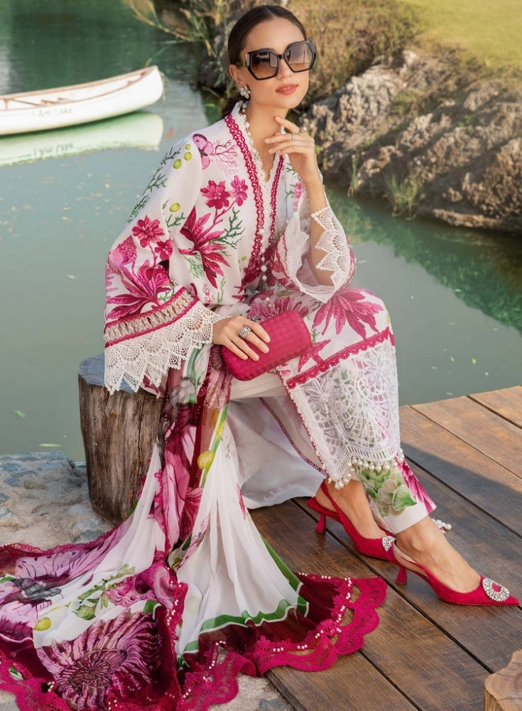 MARIA.B-3PC White and Pink LAWN EMBROIDERED PRINTED SHIRT WITH CHIFFON PRINT DUPATTA AND PRINT TROUSER