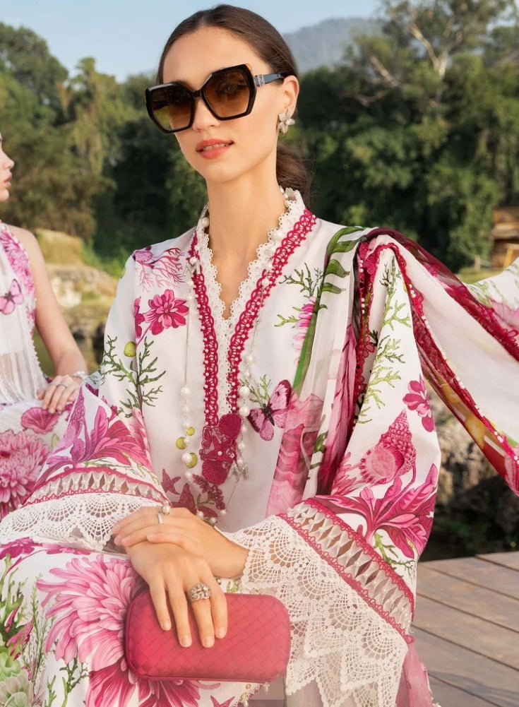 MARIA.B-3PC White and Pink LAWN EMBROIDERED PRINTED SHIRT WITH CHIFFON PRINT DUPATTA AND PRINT TROUSER