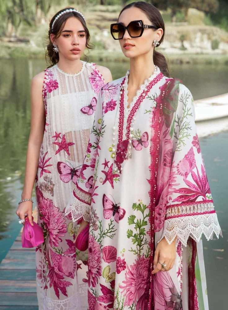 MARIA.B-3PC White and Pink LAWN EMBROIDERED PRINTED SHIRT WITH CHIFFON PRINT DUPATTA AND PRINT TROUSER
