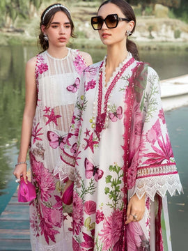 MARIA.B-3PC White and Pink LAWN EMBROIDERED PRINTED SHIRT WITH CHIFFON PRINT DUPATTA AND PRINT TROUSER
