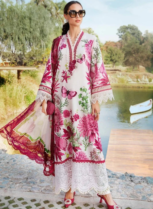 MARIA.B-3PC White and Pink LAWN EMBROIDERED PRINTED SHIRT WITH CHIFFON PRINT DUPATTA AND PRINT TROUSER