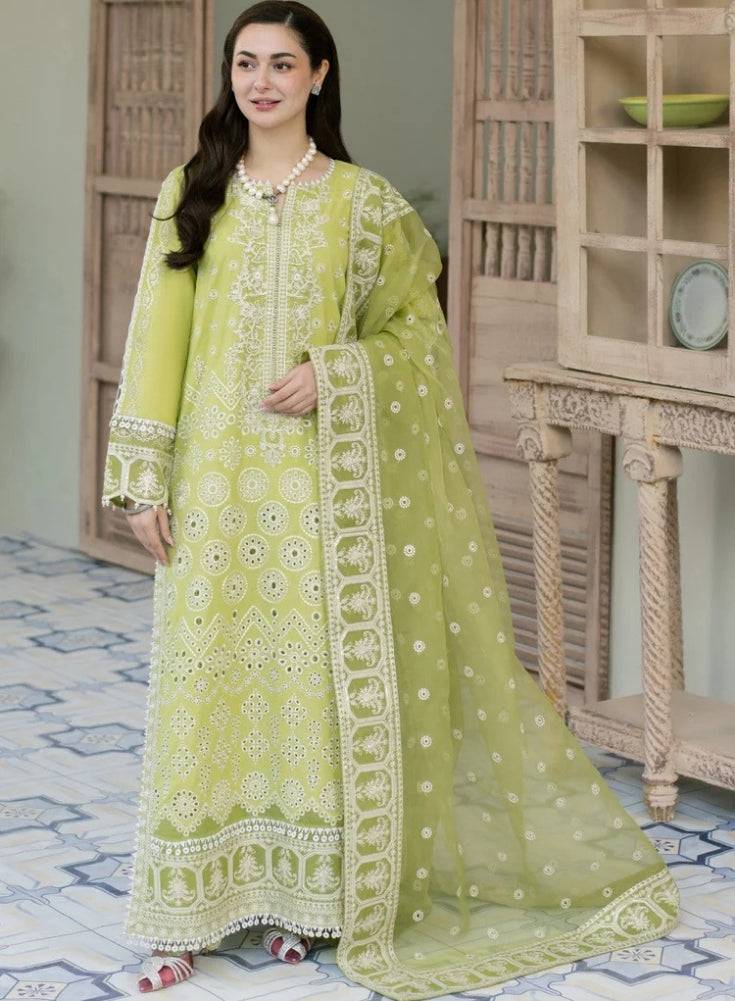 MARYAM & MARIA-3PC Light Green LAWN EMBROIDERED SHIRT WITH ORGANZA EMBROIDERED DUPATTA & TROUSER