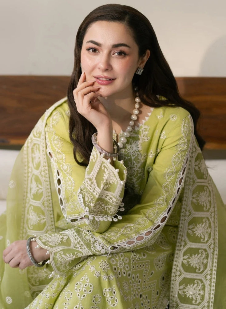MARYAM & MARIA-3PC Light Green LAWN EMBROIDERED SHIRT WITH ORGANZA EMBROIDERED DUPATTA & TROUSER