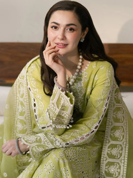 MARYAM & MARIA-3PC Light Green LAWN EMBROIDERED SHIRT WITH ORGANZA EMBROIDERED DUPATTA & TROUSER